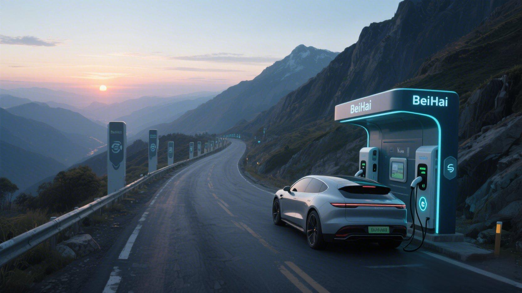 A concept scene of a mountain road representing global trade challenges. Along the path are several BeiHai-branded EV charging stations, guiding the way forward. In the distance, a golden sunrise over India symbolizes growth. An electric vehicle charges at a BeiHai DC station before continuing the journey.