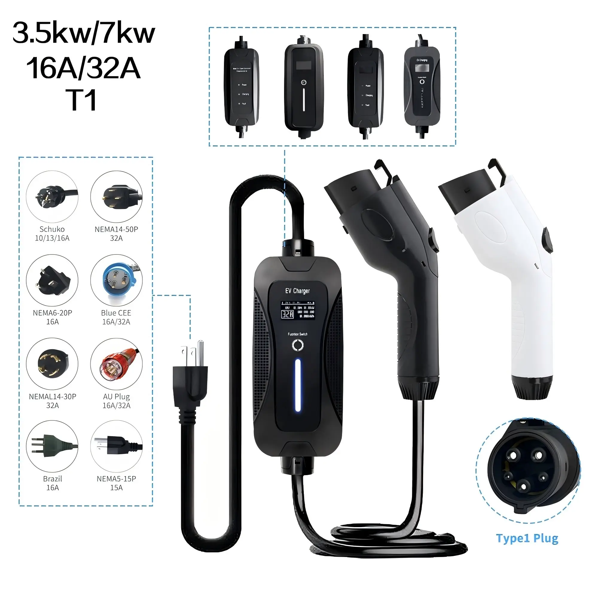 OEM/ODM Type1 Level2 GBT 11KW 32A AC Electric Vehicles Charging Station Home Use Portable EV Charger